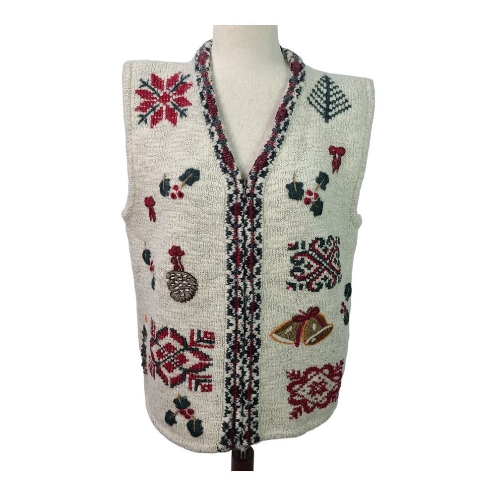 Woolrich Hand Framed Wool Knitted Zip Up Vintage Vest Winter Christmas Motif L